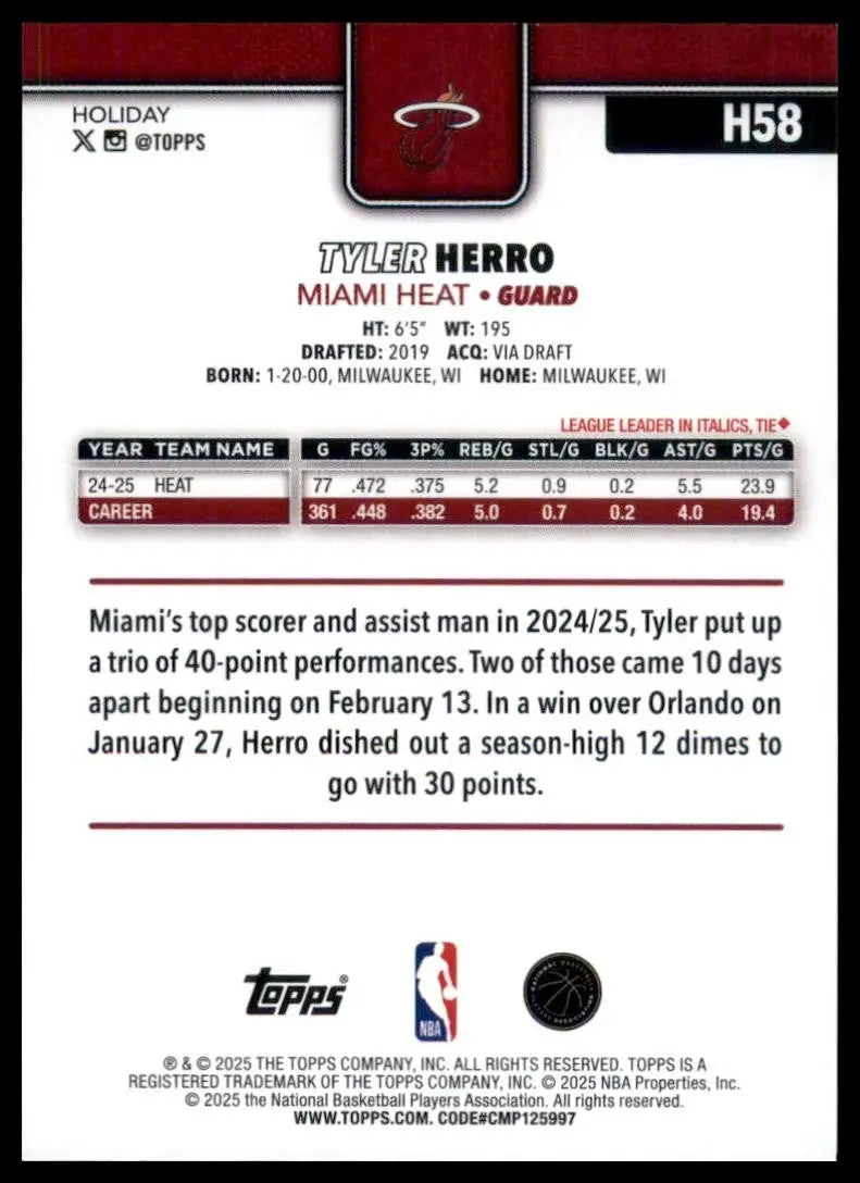 2025-26 Topps Holiday Tyler Herro #H58 Miami Heat Basketball Card NBA Sports - Basketball Card Single