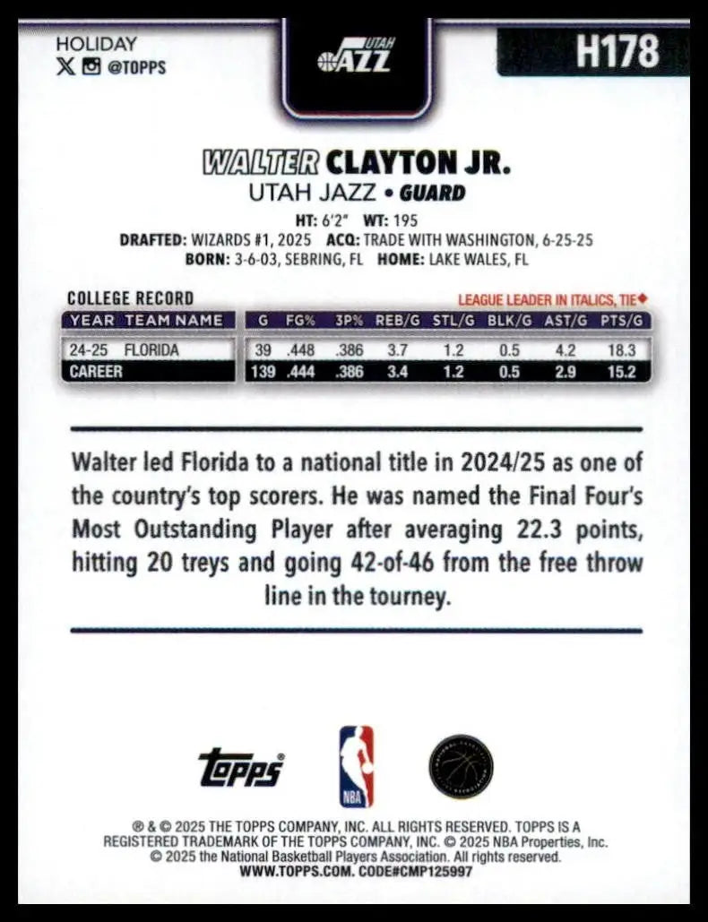 2025-26 Topps Holiday Walter Clayton Jr Rookie #H178 Utah Jazz Basketball Card