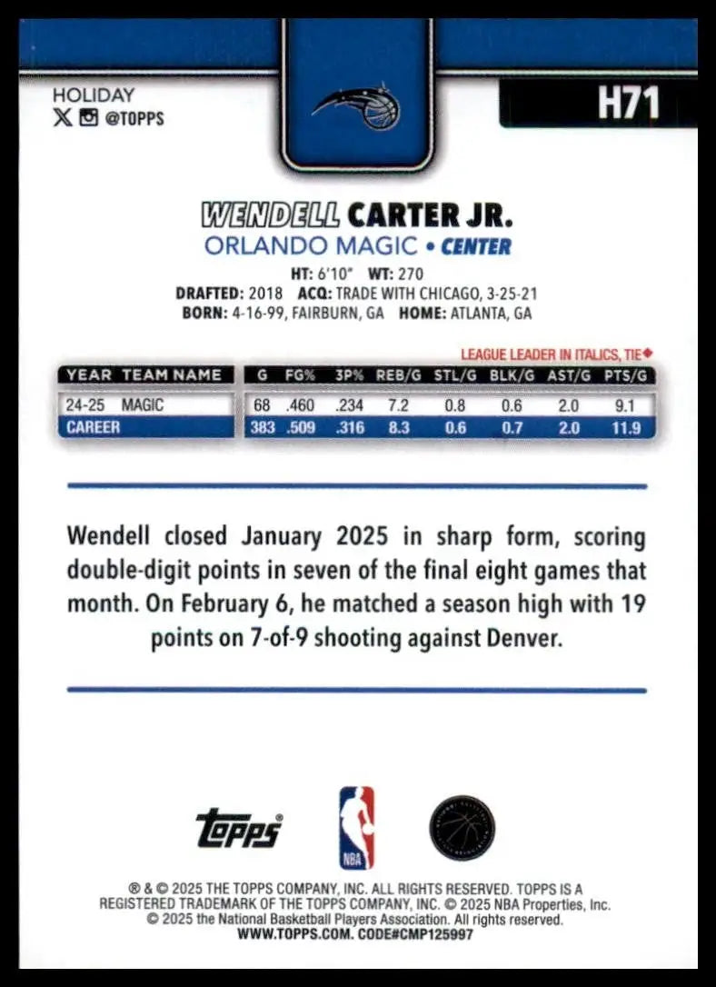 2025-26 Topps Holiday Wendell Carter Jr #H71 Orlando Magic Basketball Card NBA - Basketball Card Single
