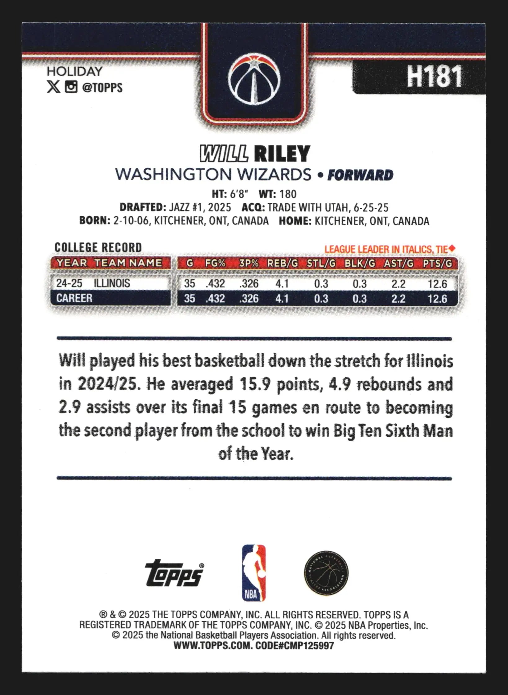 2025-26 Topps Holiday Will Riley #H181 RC Wizards - Basketball Card Single