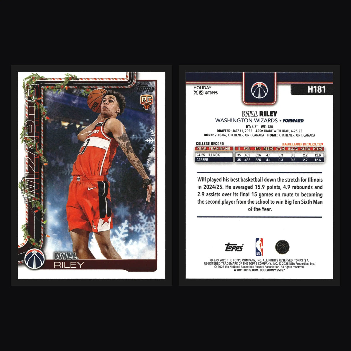 2025-26 Topps Holiday Will Riley #H181 RC Wizards - Basketball Card Single