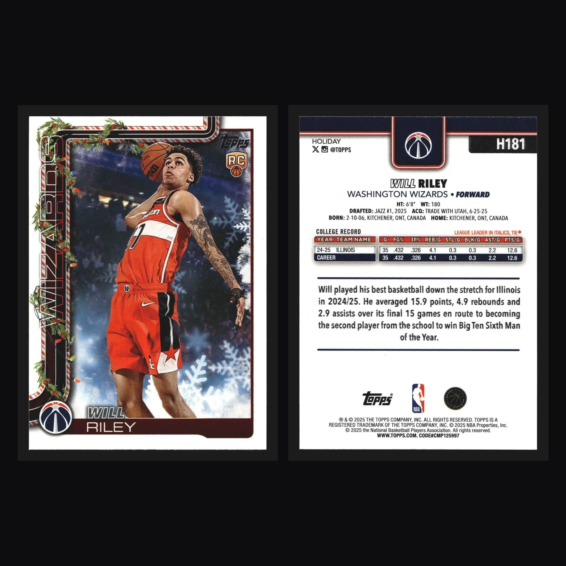 2025-26 Topps Holiday Will Riley #H181 RC Wizards - Basketball Card Single