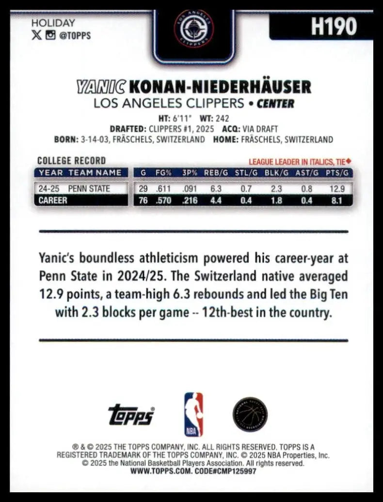 2025-26 Topps Holiday Yanic Konan Niederhauser Rookie #H190 Los Angeles Clippers - Basketball Card Single