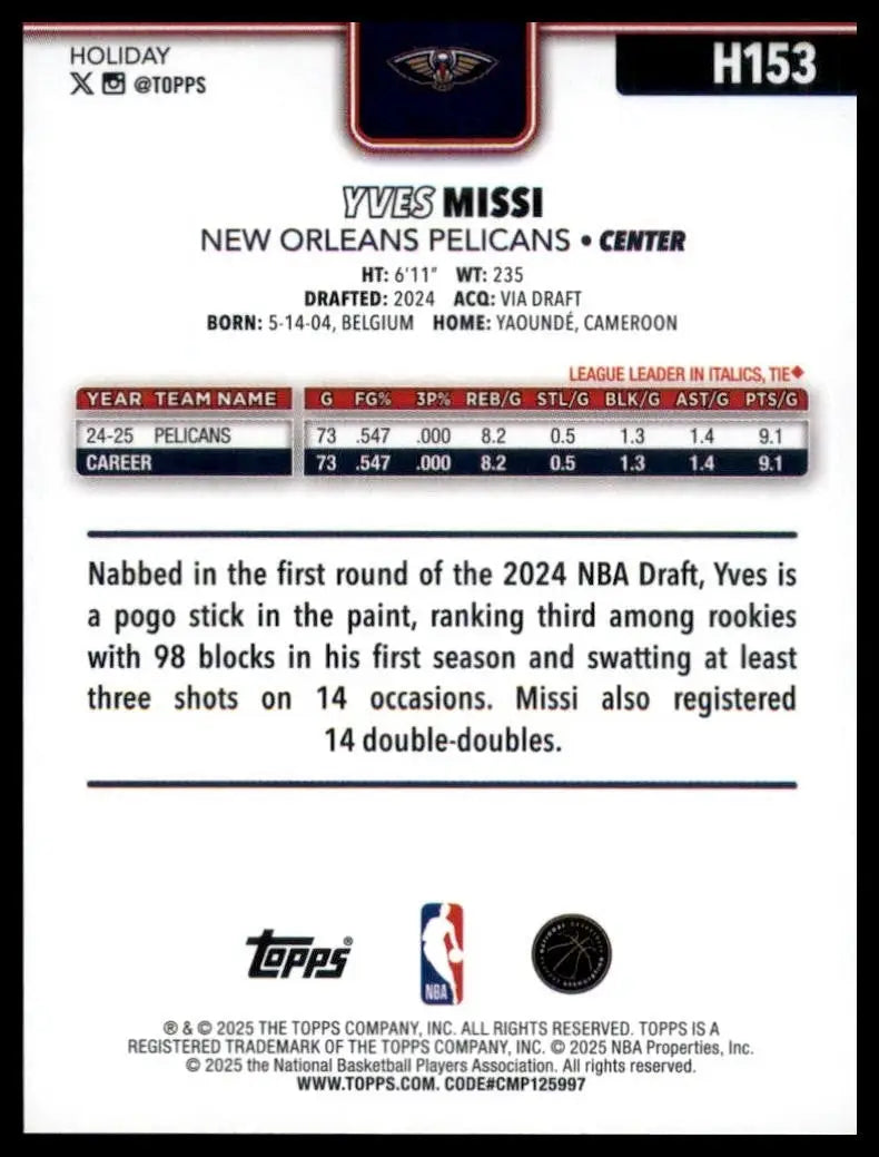 2025-26 Topps Holiday Yves Missi #H153 New Orleans Pelicans Basketball Card NBA - Basketball Card Single