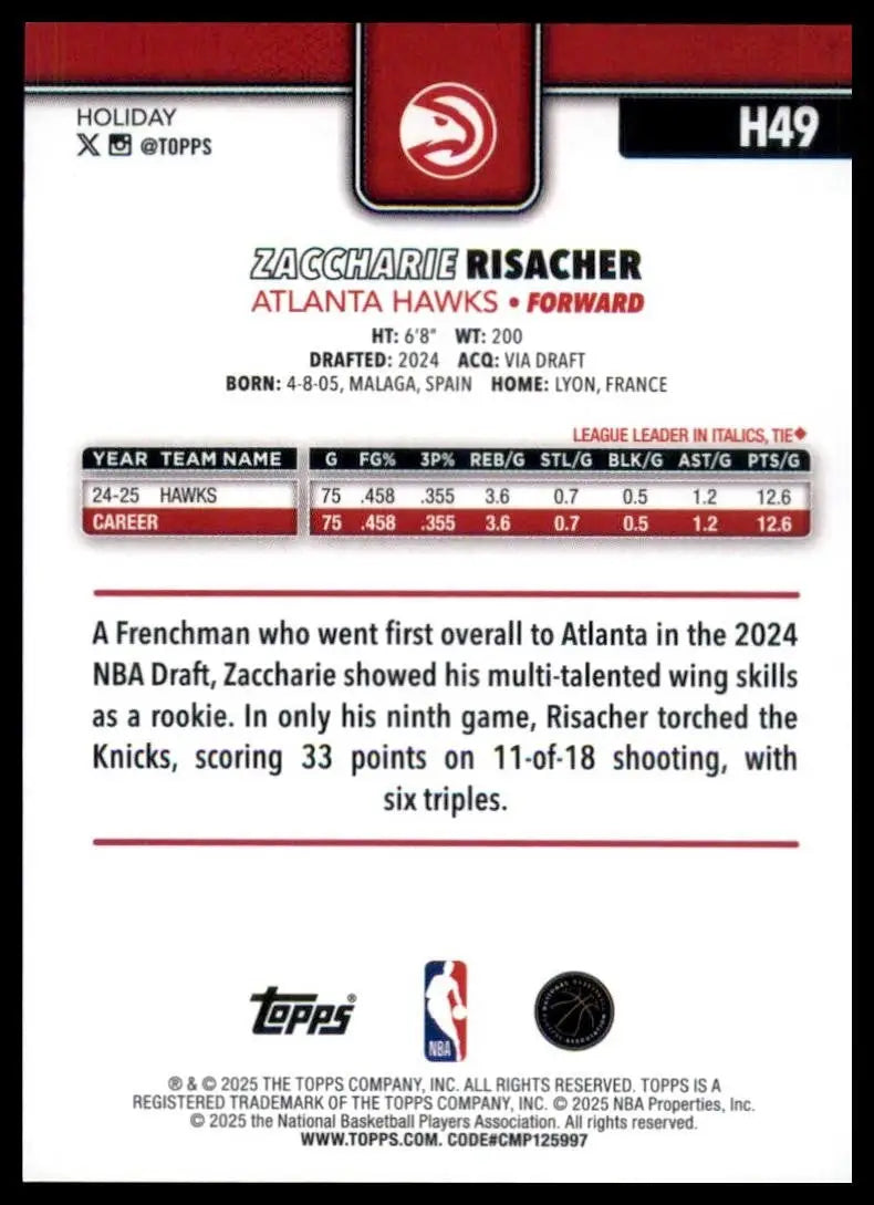 2025-26 Topps Holiday Zaccharie Risacher #H49 Atlanta Hawks Basketball Card NBA - Basketball Card Single