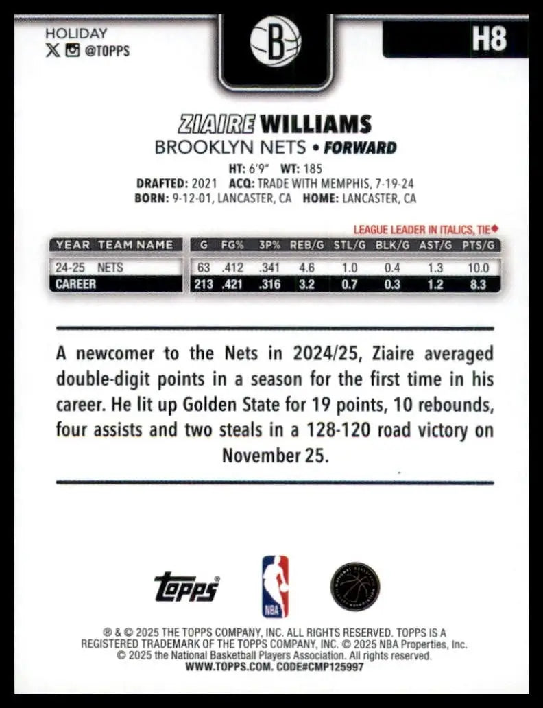 2025-26 Topps Holiday Zaire Williams #H8 Brooklyn Nets Basketball Card NBA Sport - Basketball Card Single