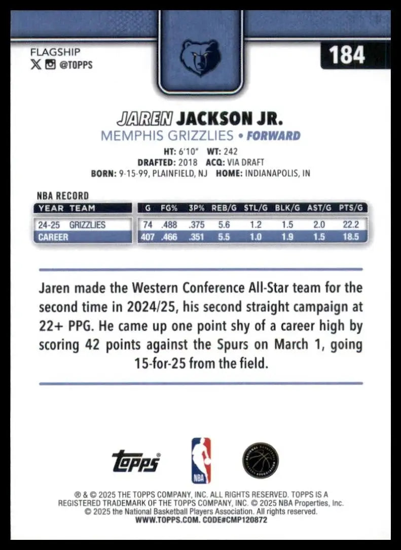 2025-26 Topps Holo Foil Jaren Jackson Jr #184 Memphis Grizzlies Basketball Card - Basketball Card Single