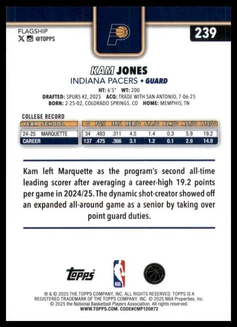 2025-26 Topps Holo Foil Kam Jones Rookie #239 Indiana Pacers Basketball Card NBA - Basketball Card Single
