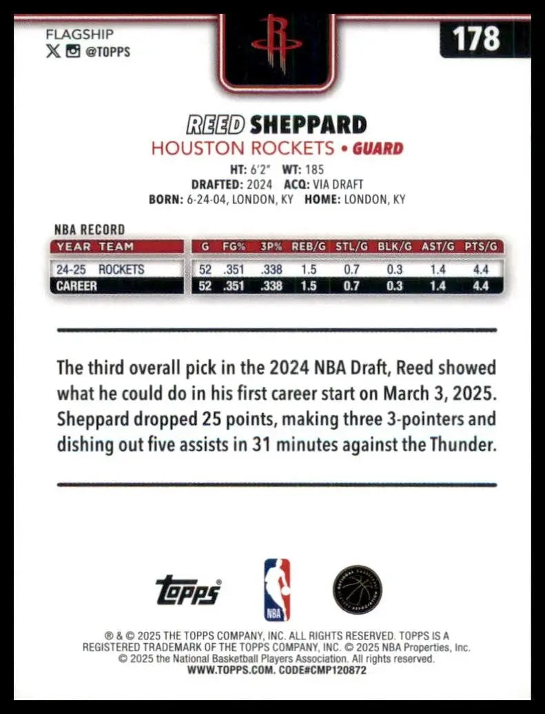 2025-26 Topps Holo Foil Reed Sheppard #178 Houston Rockets Basketball Card NBA - Basketball Card Single