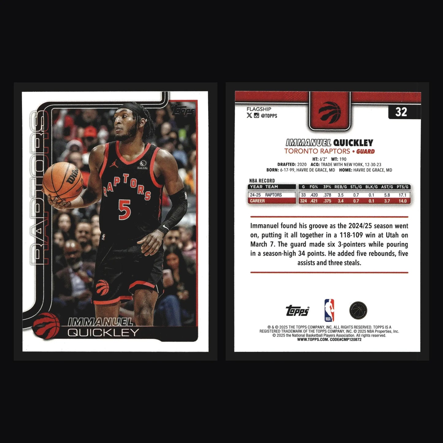 2025-26 Topps Immanuel Quickley #32 Toronto Raptors - Basketball Card Single