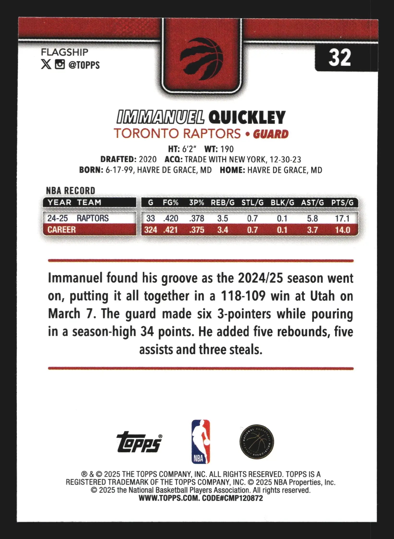 2025-26 Topps Immanuel Quickley #32 Toronto Raptors - Basketball Card Single