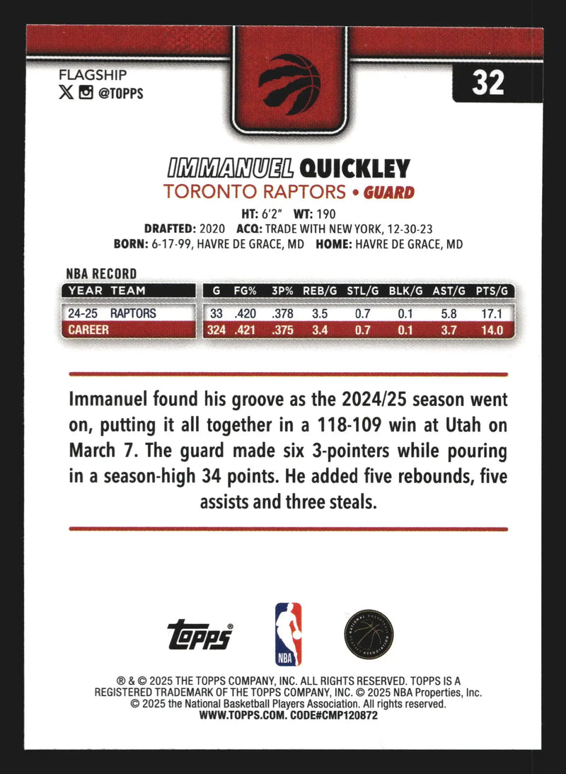 2025-26 Topps Immanuel Quickley #32 Toronto Raptors - Basketball Card Single