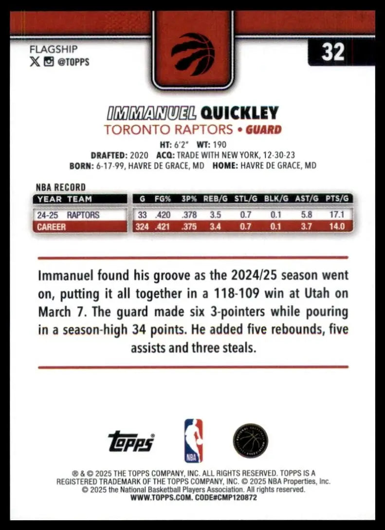 2025-26 Topps Immanuel Quickley #32 Toronto Raptors Basketball Card NBA Sports - Basketball Card Single