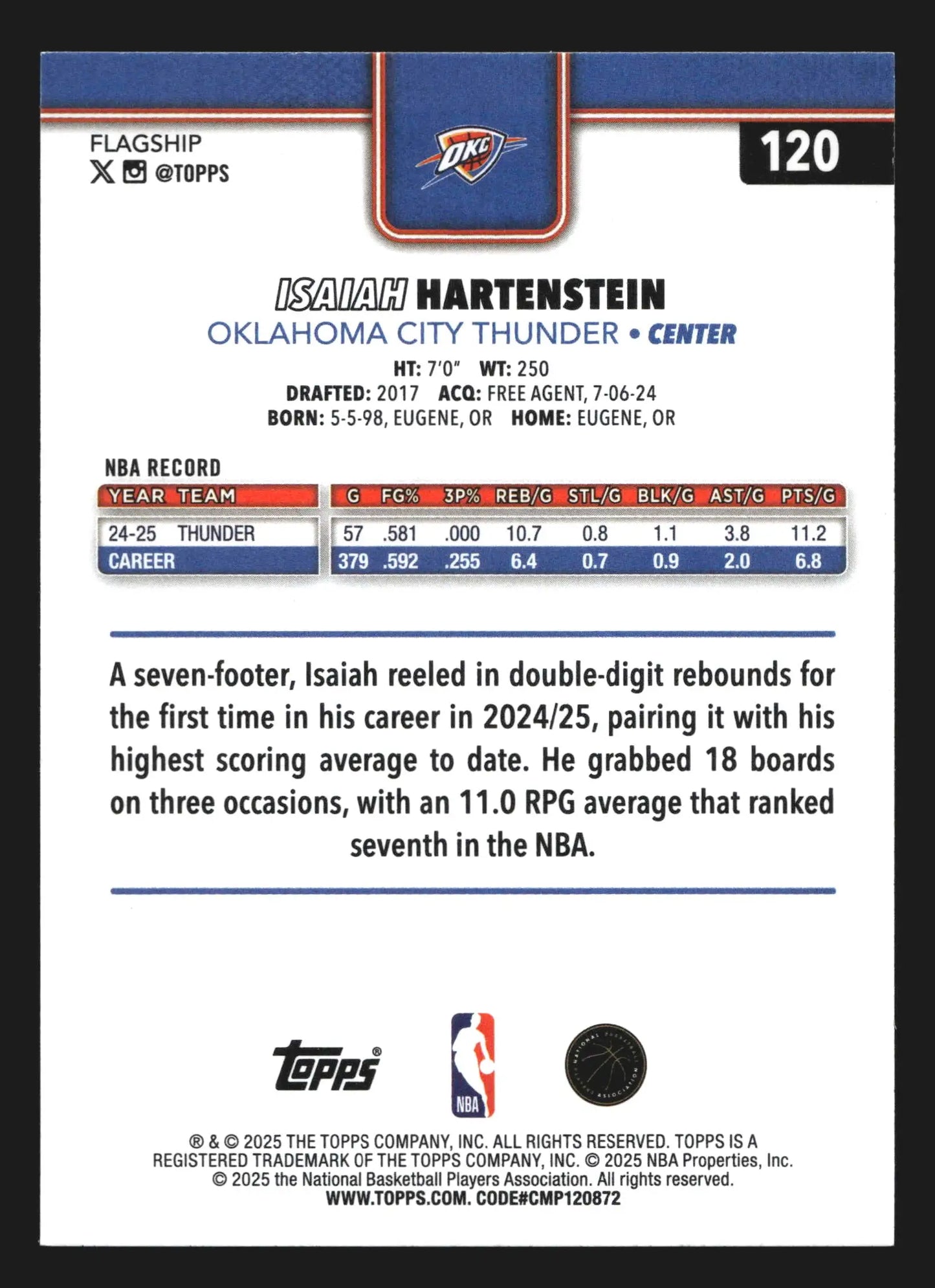 2025-26 Topps Isaiah Hartenstein #120 Oklahoma City Thunder - Basketball Card Single