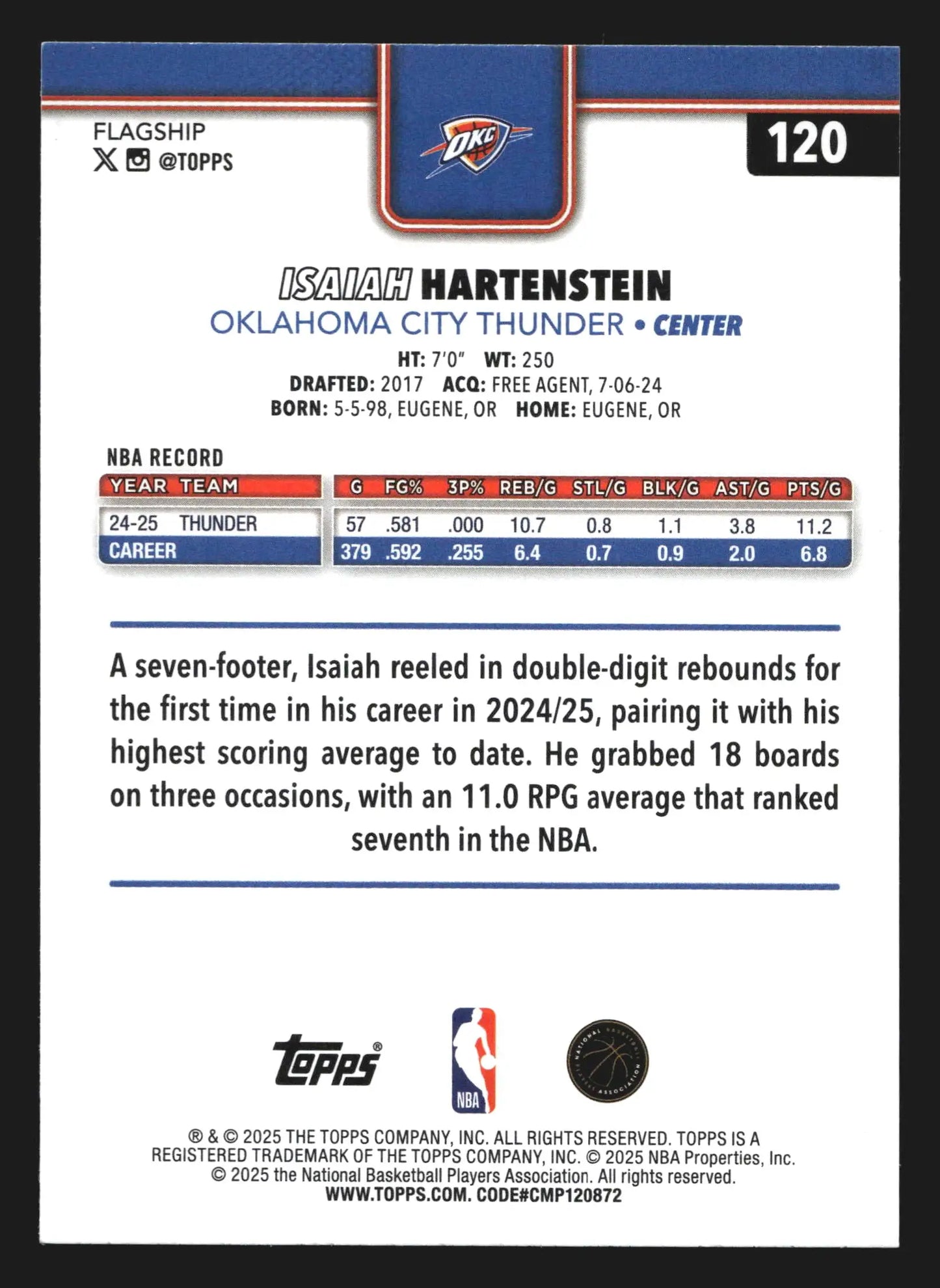 2025-26 Topps Isaiah Hartenstein #120 Sandglitter Thunder - Basketball Card Single