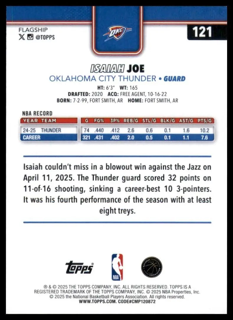 2025-26 Topps Isaiah Joe #121 Oklahoma City Thunder Basketball Card NBA Sports - Basketball Card Single
