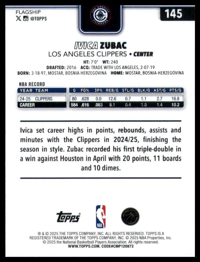 2025-26 Topps Ivica Zubac #145 Los Angeles Clippers Basketball Card NBA Sports