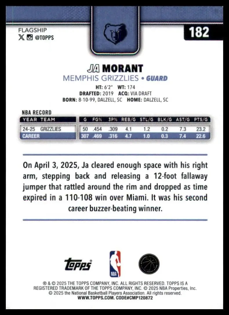 2025-26 Topps Ja Morant #182 Memphis Grizzlies Basketball Card NBA Sports - Basketball Card Single