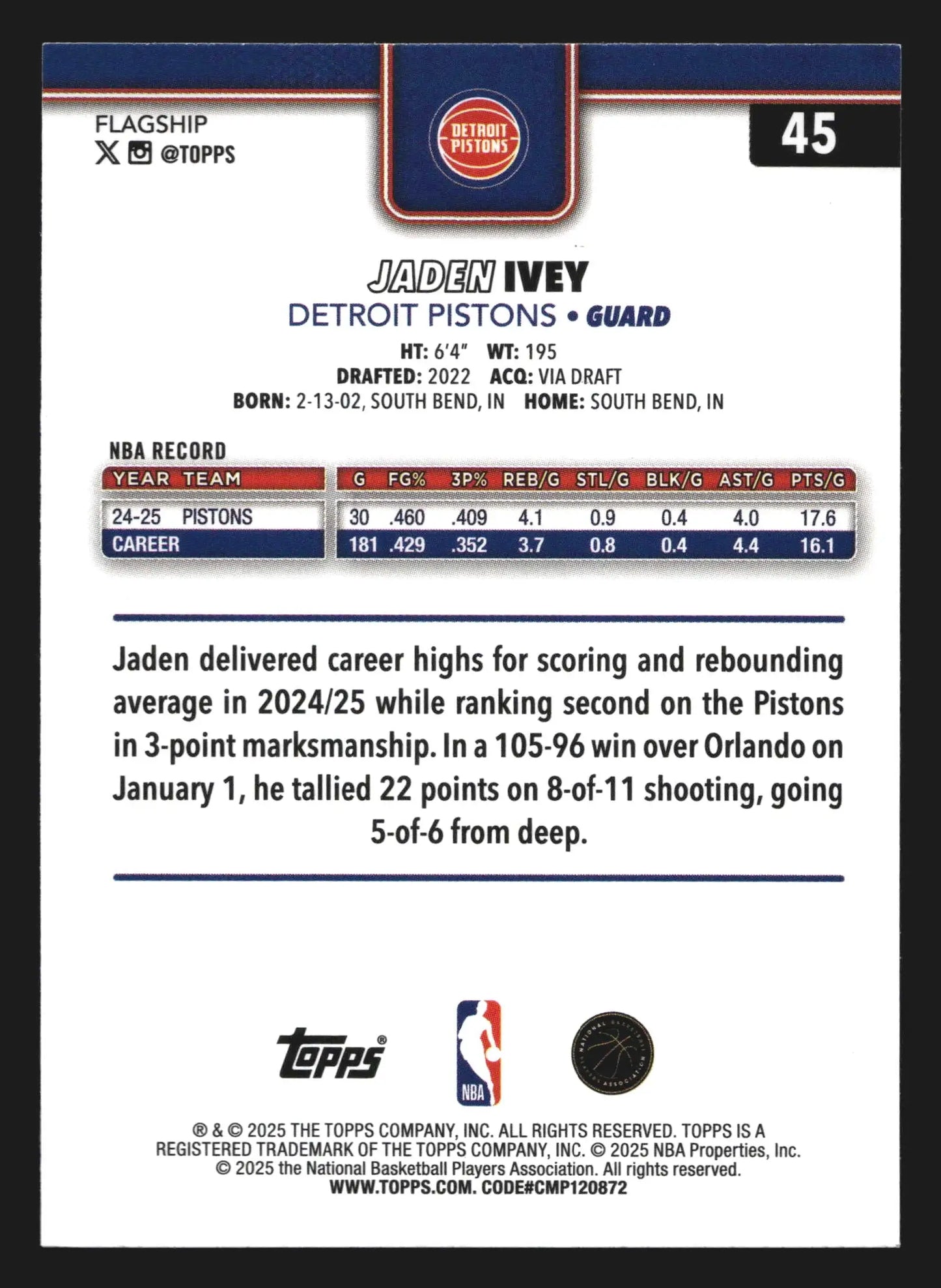 2025-26 Topps Jaden Ivey #45 Detroit Pistons