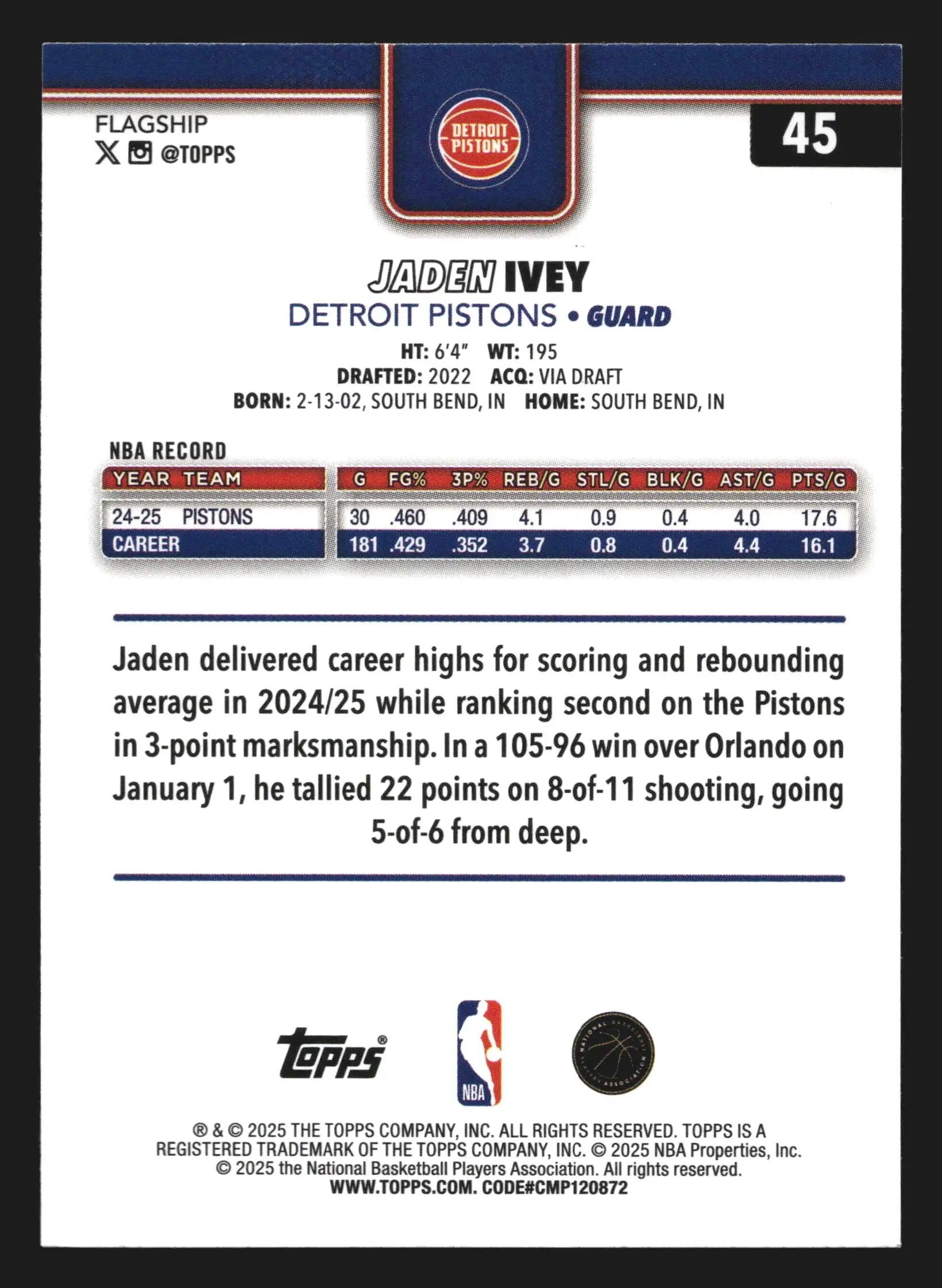 2025-26 Topps Jaden Ivey #45 Detroit Pistons