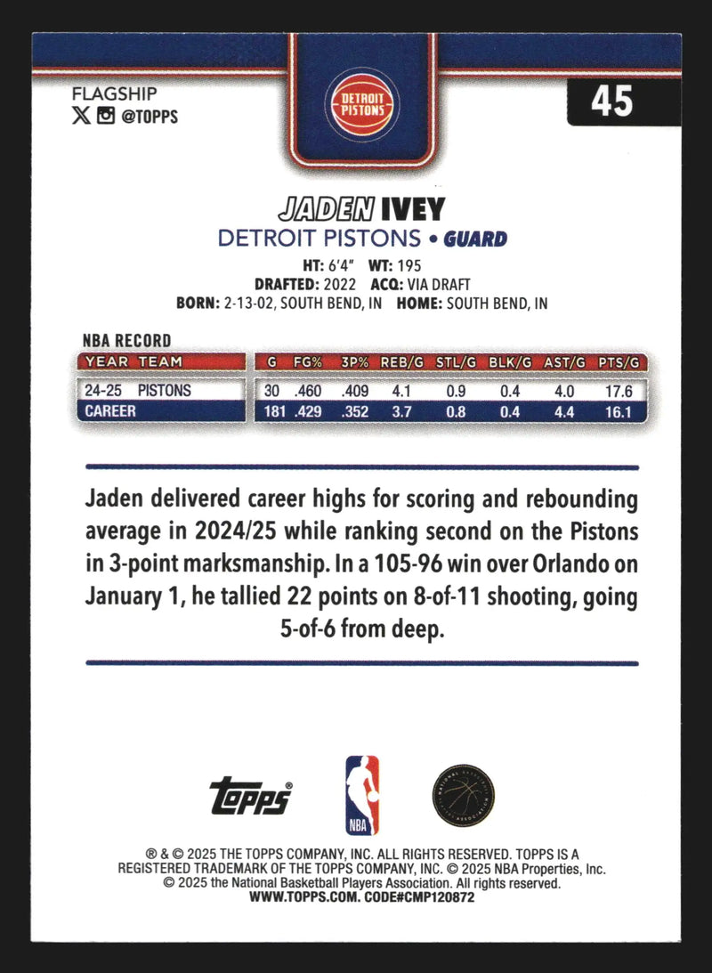 2025-26 Topps Jaden Ivey #45 Detroit Pistons