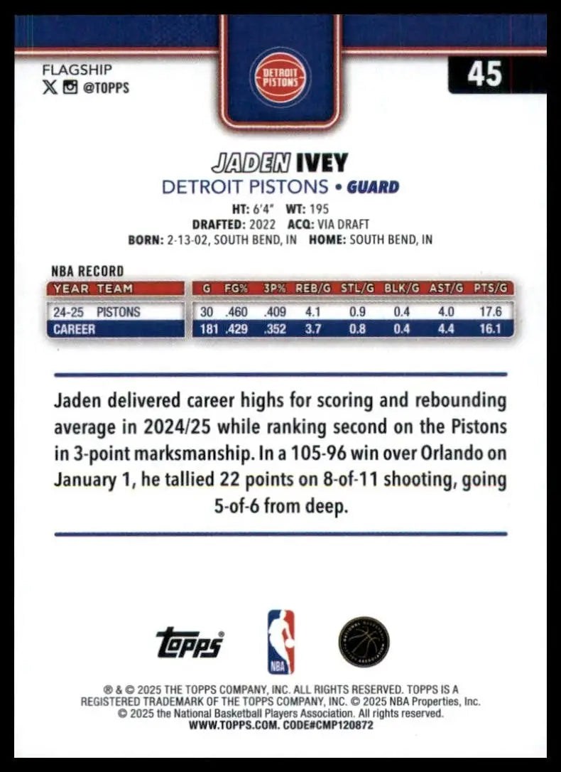 2025-26 Topps Jaden Ivey #45 Detroit Pistons Basketball Card NBA Sports - Basketball Card Single