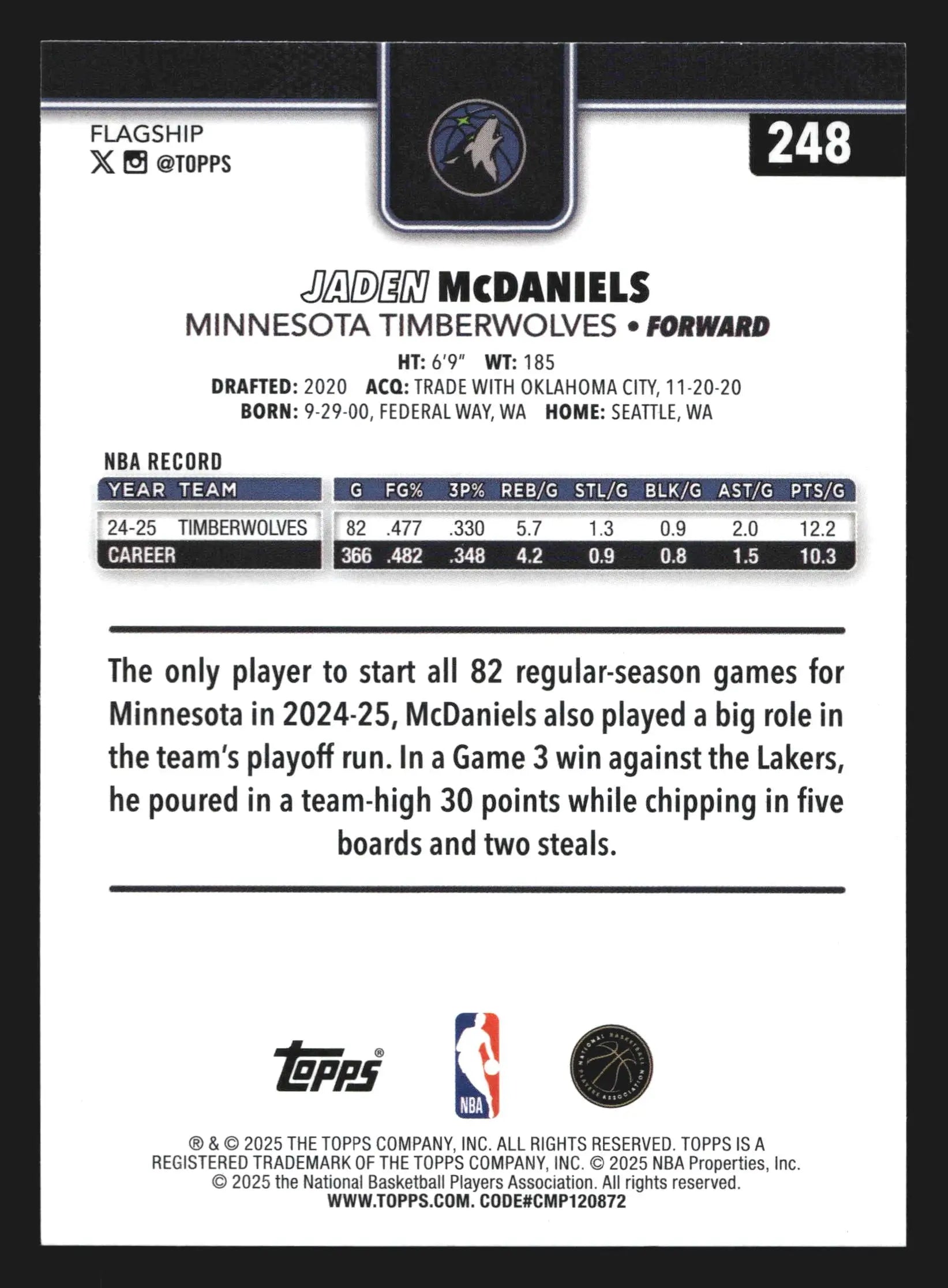 2025-26 Topps Jaden McDaniels #248 Minnesota Timberwolves - Basketball Card Single