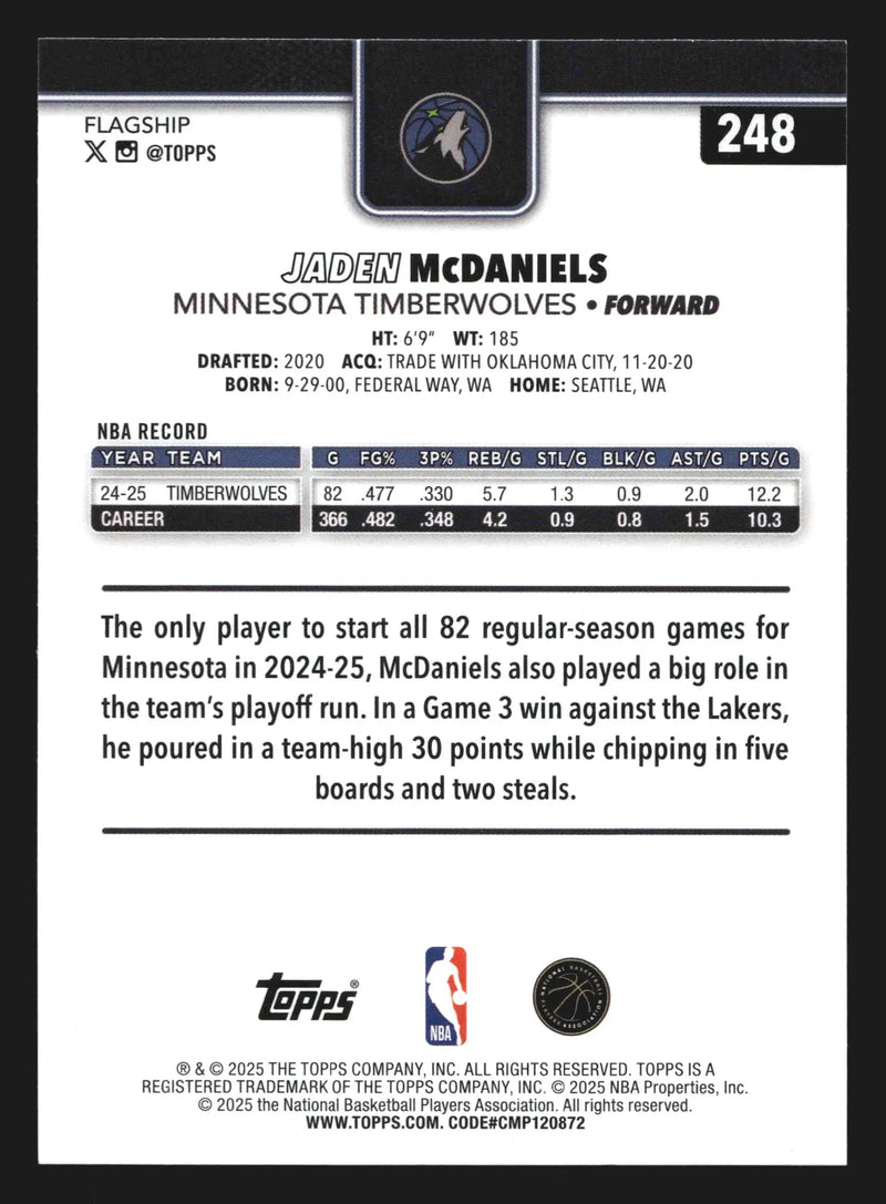 2025-26 Topps Jaden McDaniels #248 Minnesota Timberwolves - Basketball Card Single
