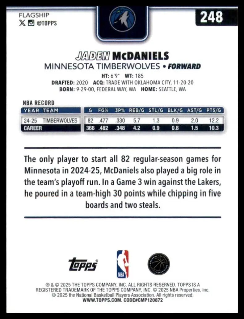 2025-26 Topps Jaden McDaniels #248 Minnesota Timberwolves Basketball Card NBA - Basketball Card Single