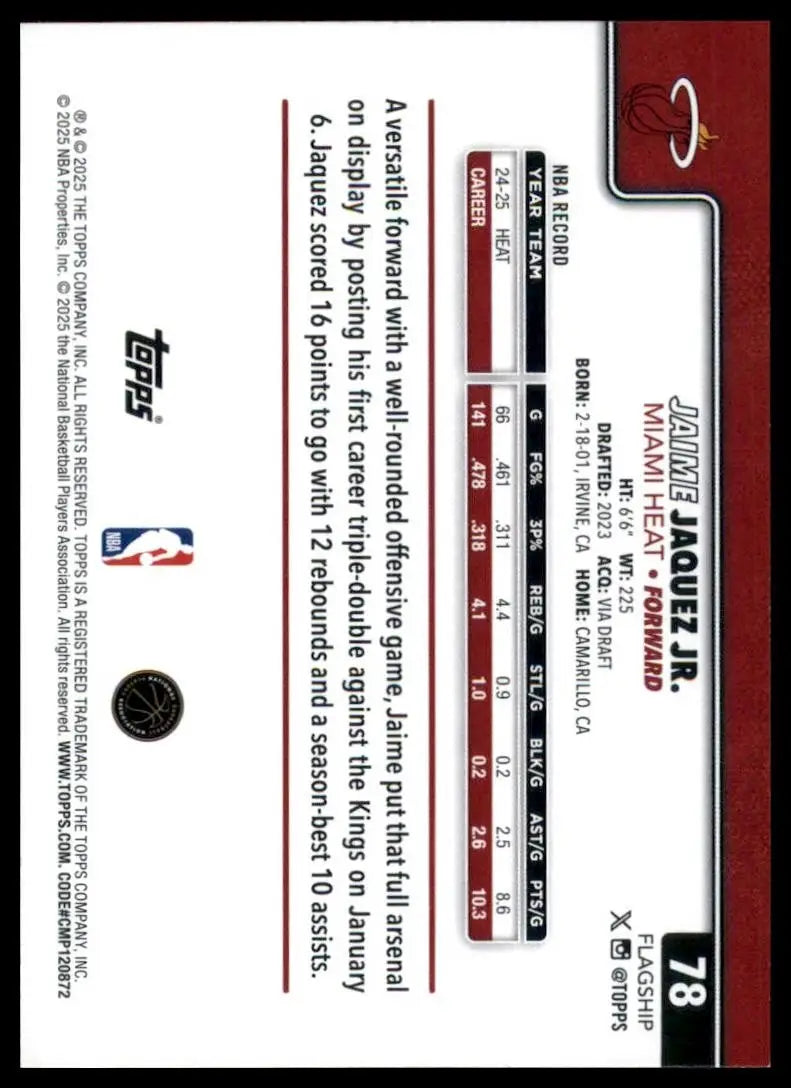 2025-26 Topps Jaime Jaquez Jr #78 Miami Heat Basketball Card NBA Sports - Basketball Card Single