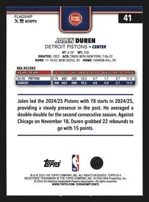 2025-26 Topps Jalen Duren #41 Detroit Pistons - Basketball Card Single