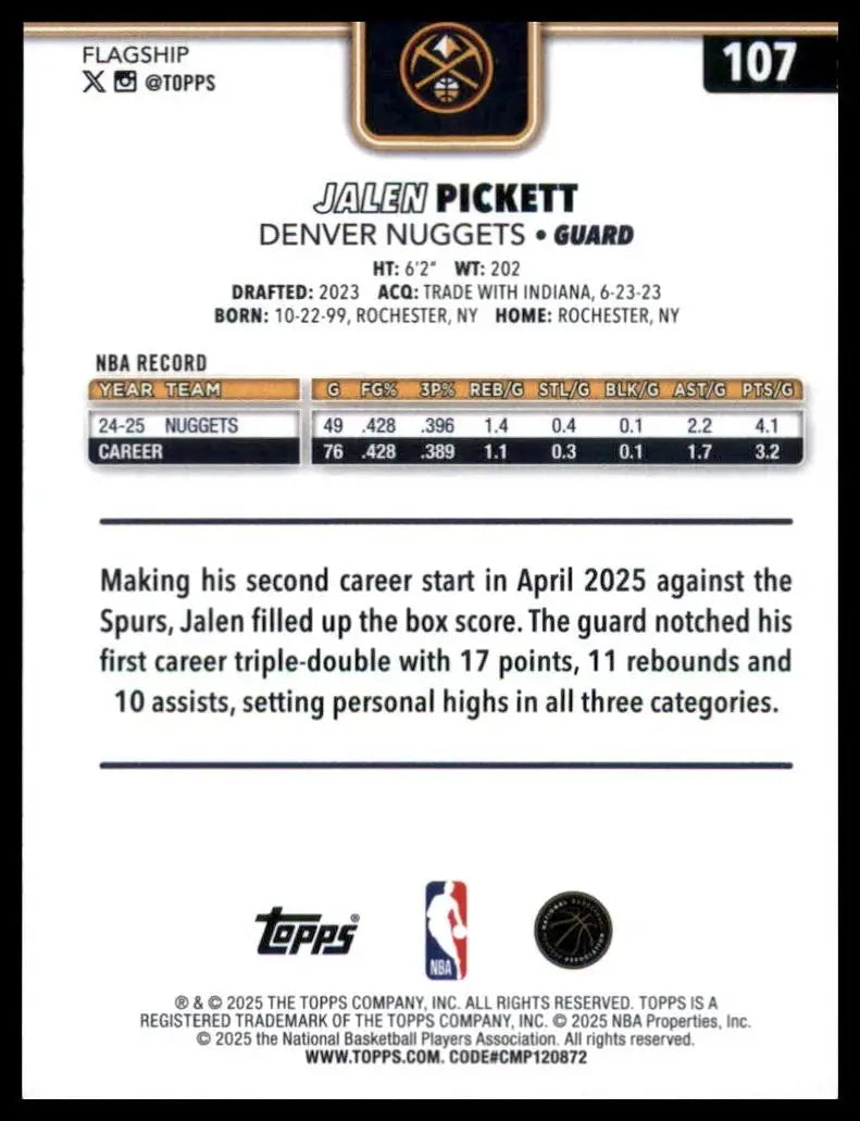 2025-26 Topps Jalen Pickett #107 Denver Nuggets Basketball Card NBA Sports - Basketball Card Single