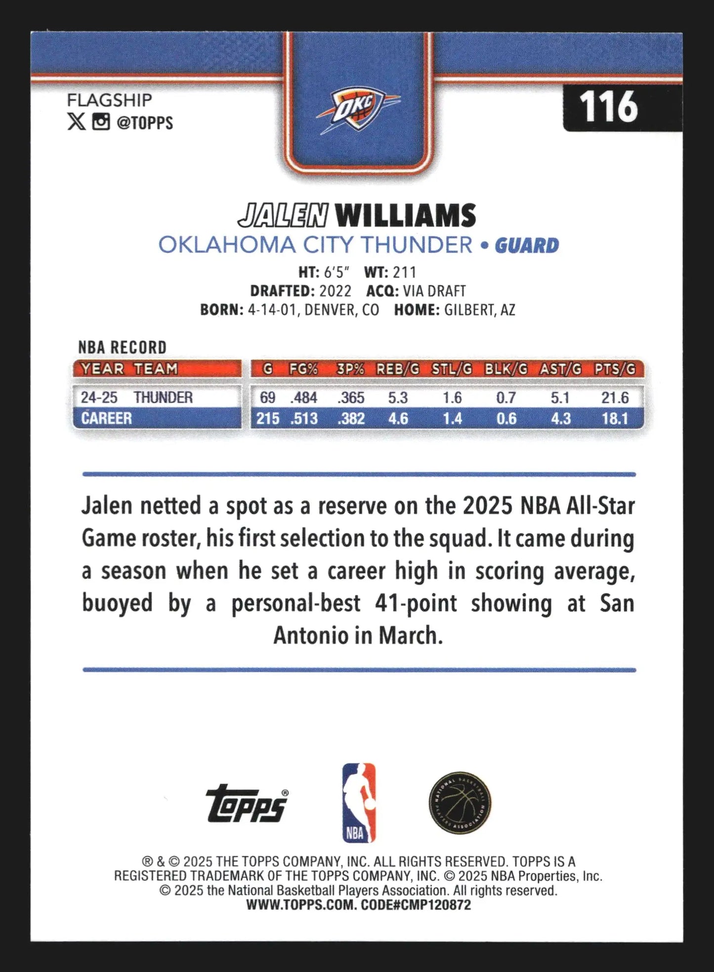 2025-26 Topps Jalen Williams #116 Oklahoma City Thunder - Basketball Card Single