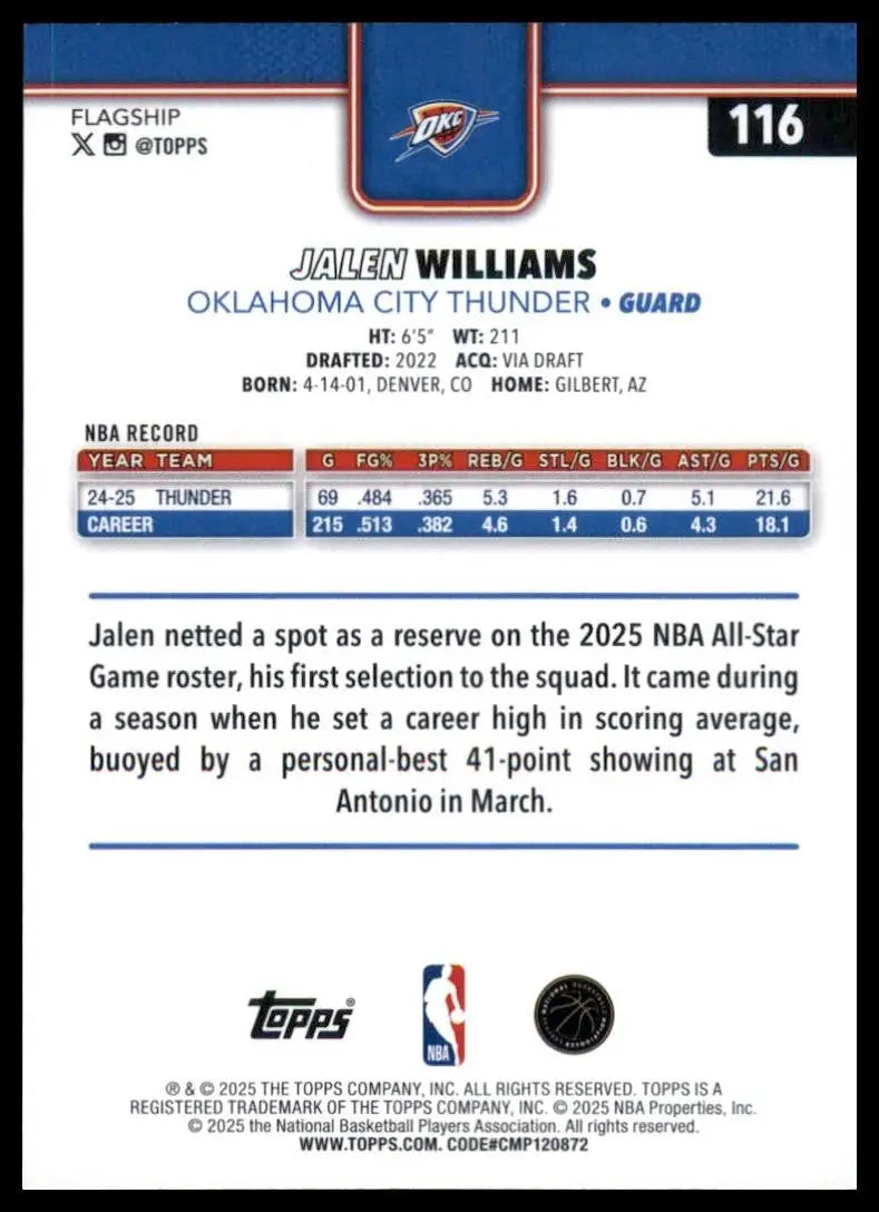2025-26 Topps Jalen Williams #116 Oklahoma City Thunder Basketball Card NBA - Basketball Card Single