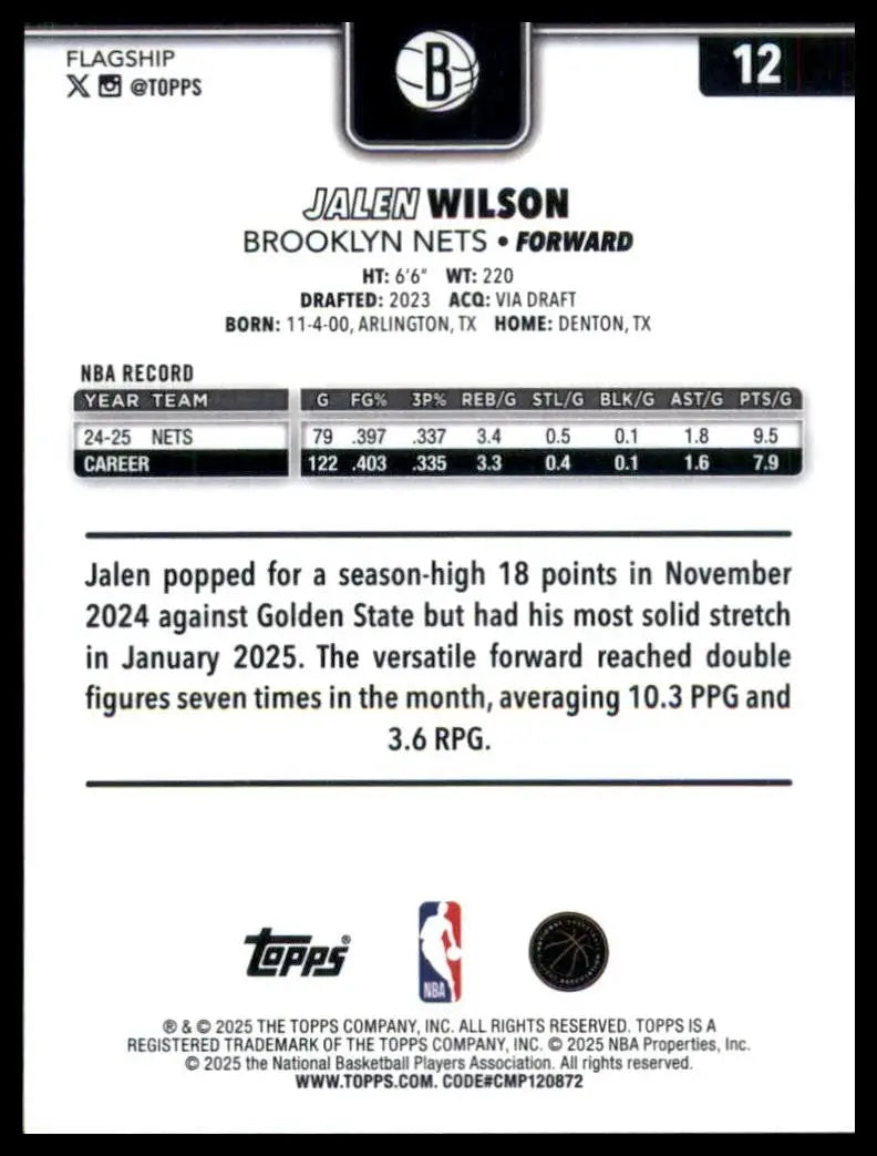 2025-26 Topps Jalen Wilson #12 Brooklyn Nets Basketball Card NBA Sports - Basketball Card Single