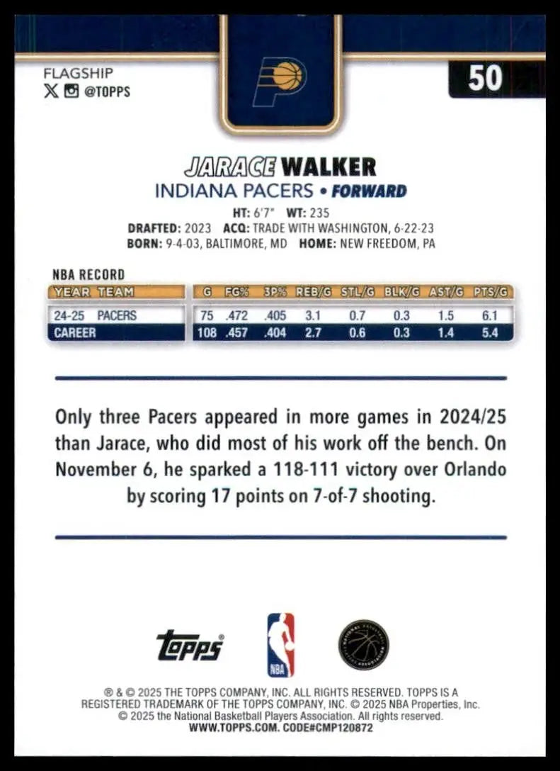 2025-26 Topps Jarace Walker #50 Indiana Pacers Basketball Card NBA Sports - Basketball Card Single