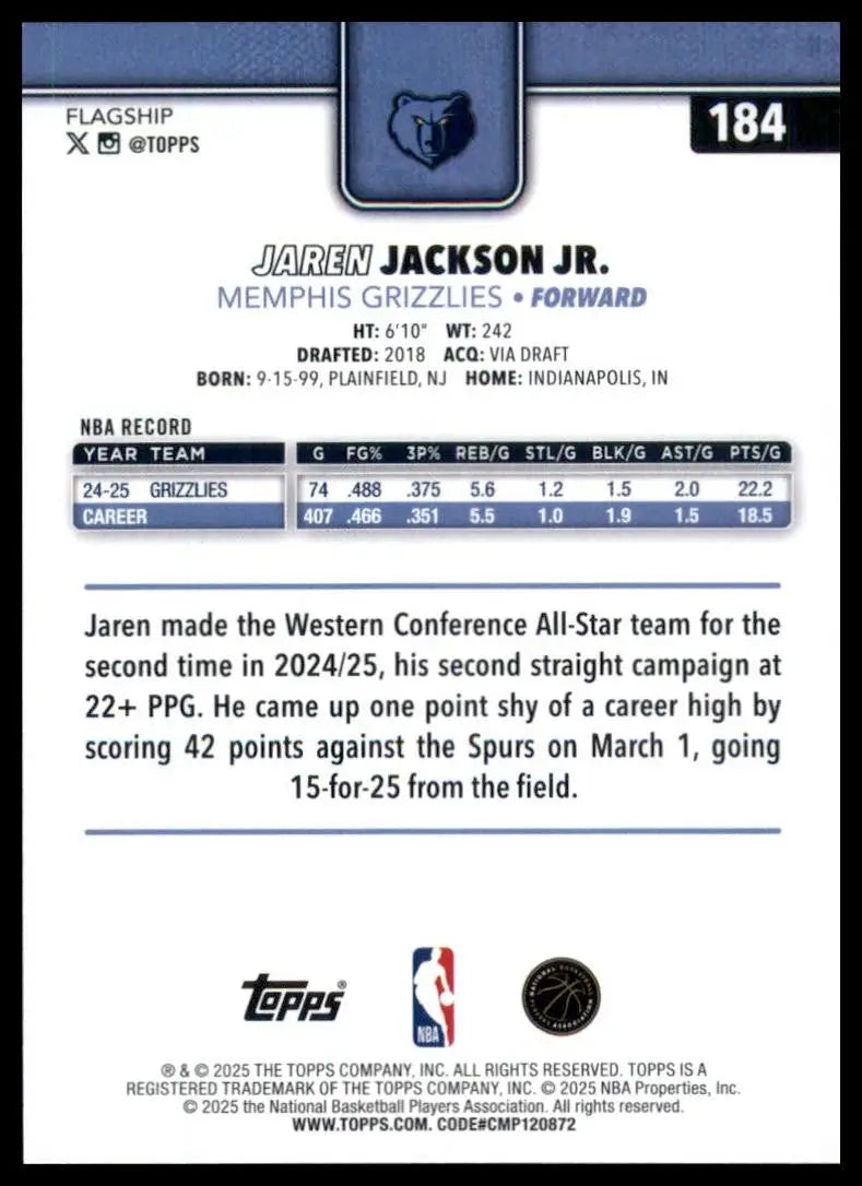 2025-26 Topps Jaren Jackson Jr #184 Memphis Grizzlies Basketball Card NBA Sports - Basketball Card Single
