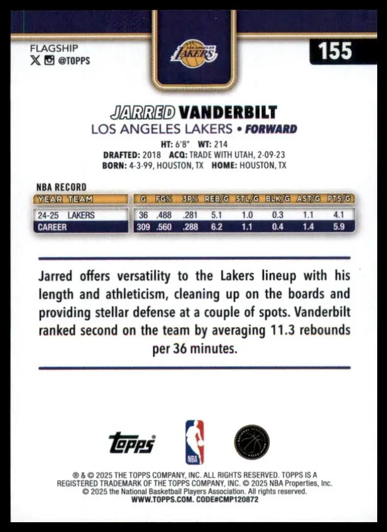 2025-26 Topps Jarred Vanderbilt #155 Los Angeles Lakers Basketball Card NBA - Basketball Card Single