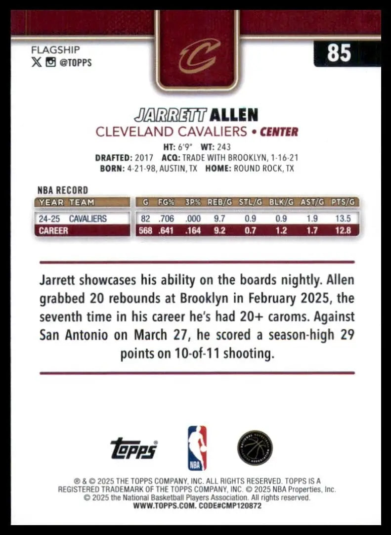 2025-26 Topps Jarrett Allen #85 Cleveland Cavaliers Basketball Card NBA Sports