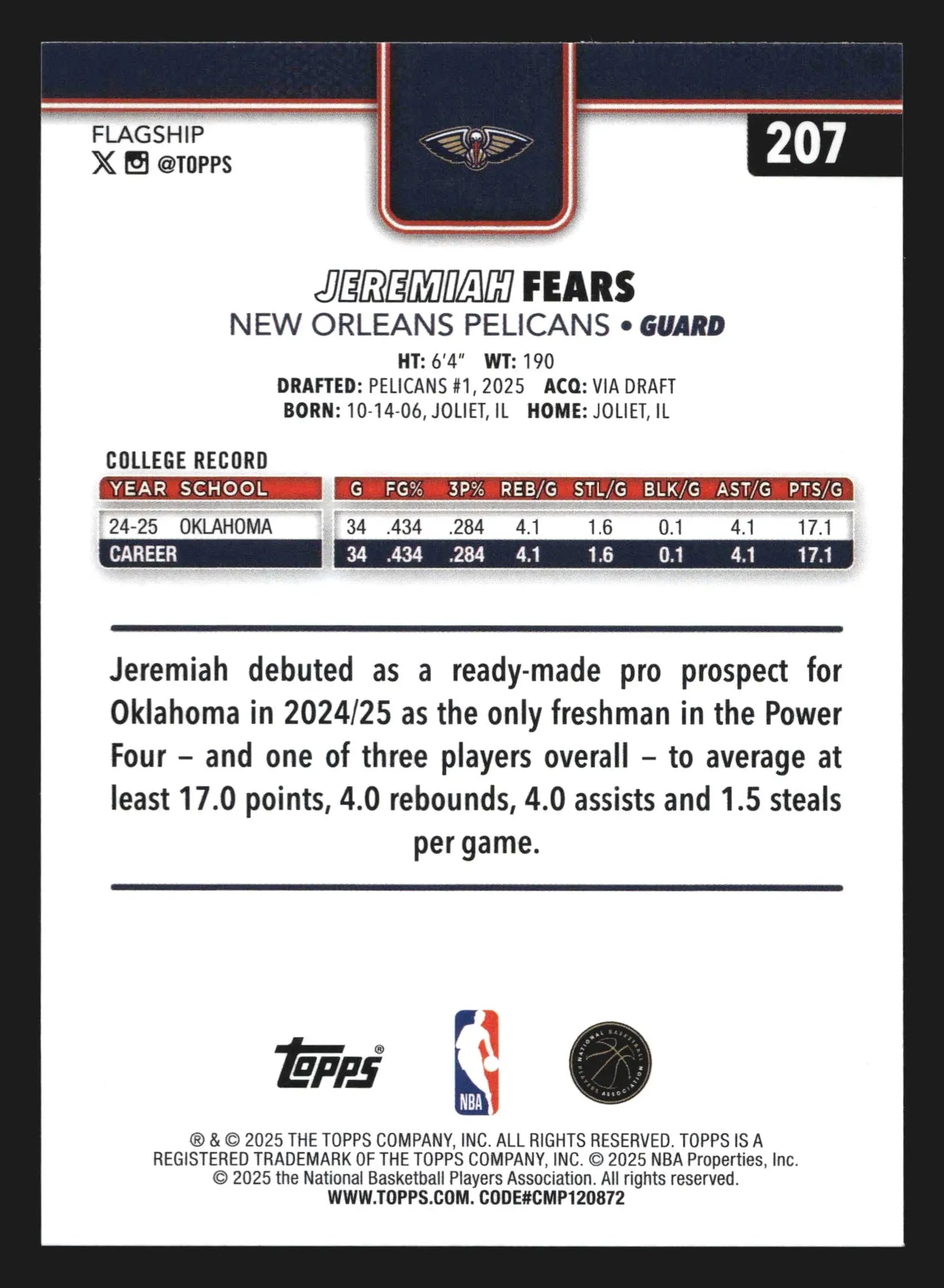 2025-26 Topps Jeremiah Fears #207 New Orleans Pelicans RC