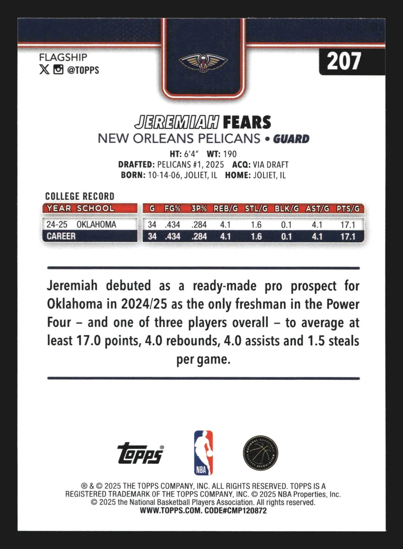 2025-26 Topps Jeremiah Fears #207 New Orleans Pelicans RC