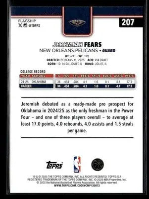 2025-26 Topps Jeremiah Fears #207 RC New Orleans Pelicans