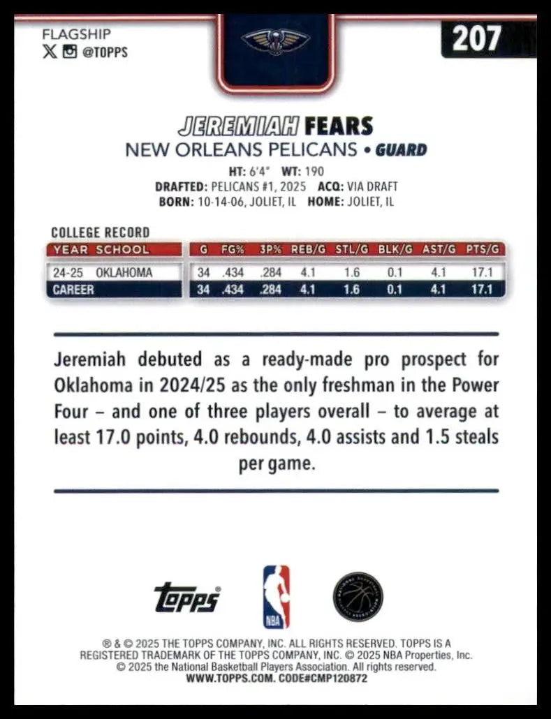 2025-26 Topps Jeremiah Fears Rookie #207 New Orleans Pelicans Basketball Card - Basketball Card Single