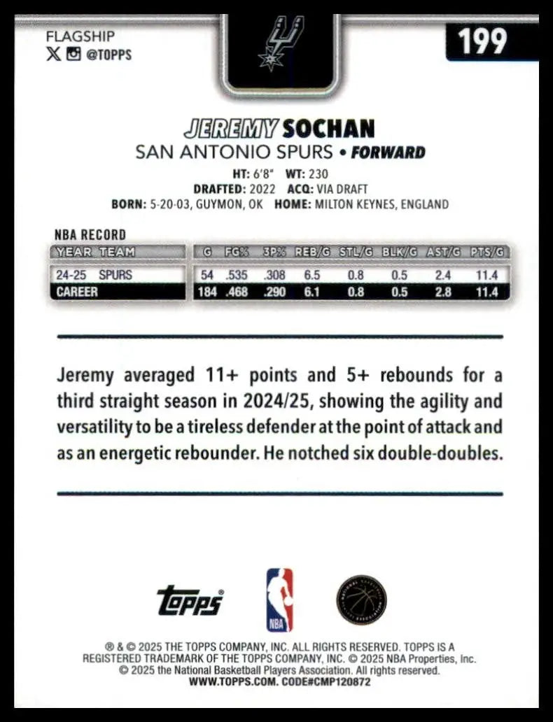 2025-26 Topps Jeremy Sochan #199 San Antonio Spurs Basketball Card NBA Sports
