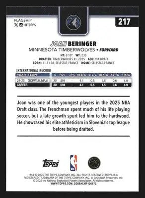 2025-26 Topps Joan Beringer #217 RC Minnesota Timberwolves - Basketball Card Single