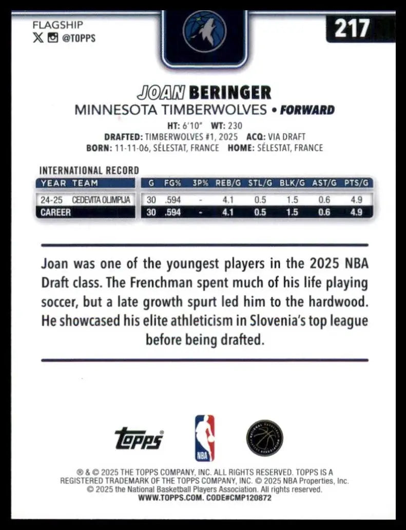 2025-26 Topps Joan Beringer Rookie #217 Minnesota Timberwolves Basketball Card