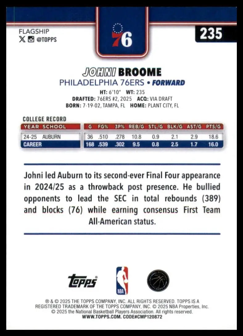 2025-26 Topps Johni Broome Rookie #235 Philadelphia 76ers Basketball Card NBA - Basketball Card Single