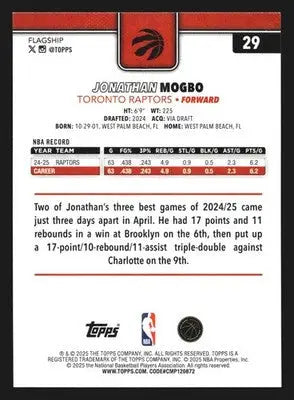 2025-26 Topps Jonathan Mogbo #29 Toronto Raptors