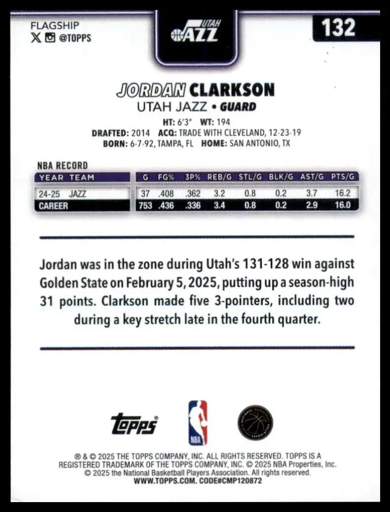 2025-26 Topps Jordan Clarkson #132 Utah Jazz Basketball Card NBA Sports