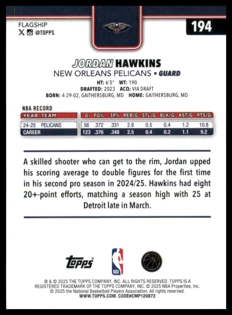 2025-26 Topps Jordan Hawkins #194 New Oreleans Pelicans Basketball Card NBA